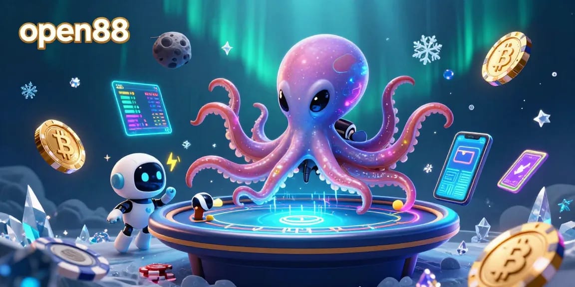 open88 showcases an exciting casino scene with an alien octopus at a poker table and orbiting crypto coins.
