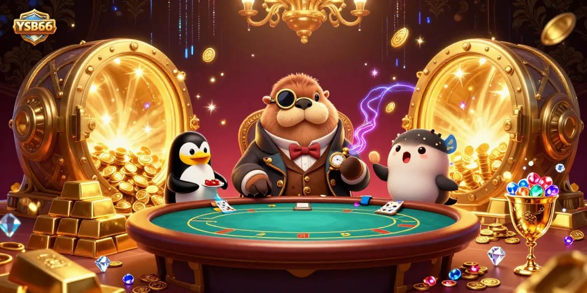 Join the thrilling YSB66 poker action with a walrus, penguin dealer, and fish player in an underwater casino.