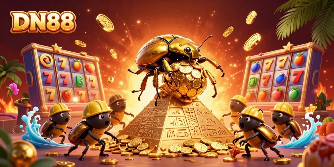 Experience big wins at DN88 with a vibrant scene of golden beetles and casino elements.