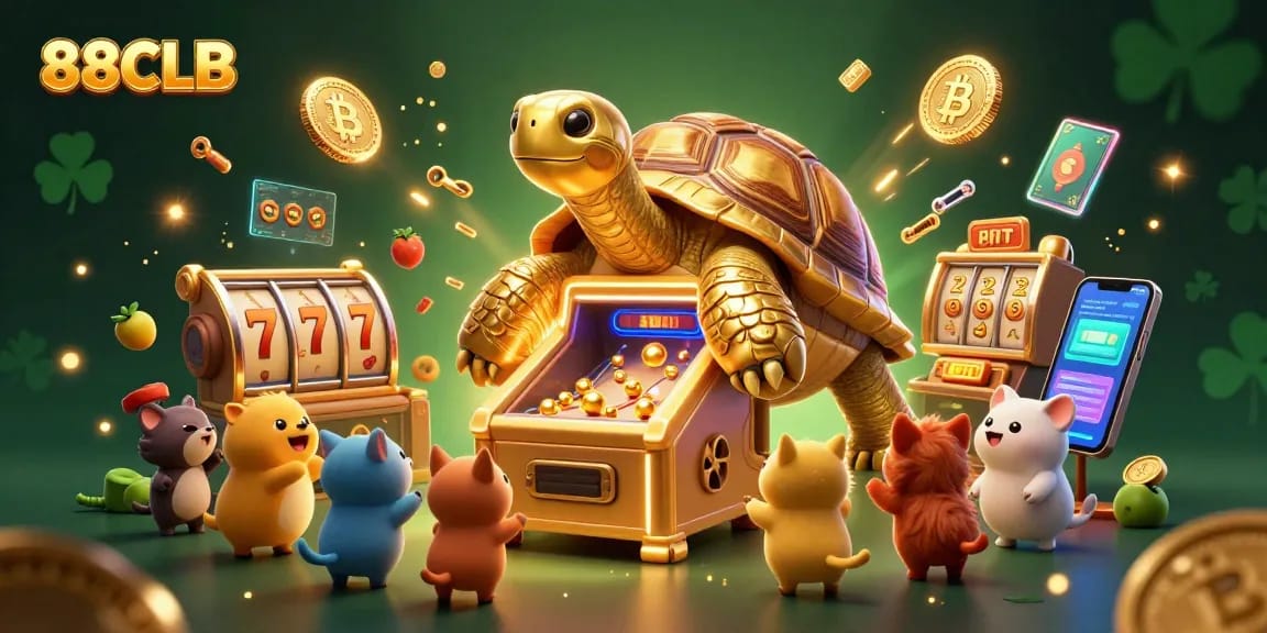 Experience excitement at 88CLB with a vibrant scene of a colossal golden tortoise as a pinball machine for thrilling jackpot games.