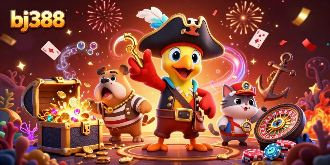 Experience thrilling action with bj388's 3D cartoon pirate characters amidst festive casino elements.