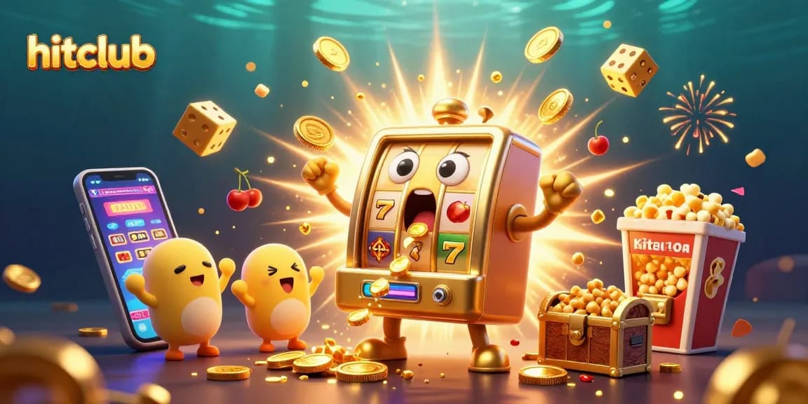 Hitclub's golden slot machine shocks as coins flow out, surrounded by cheering machines and casino elements.