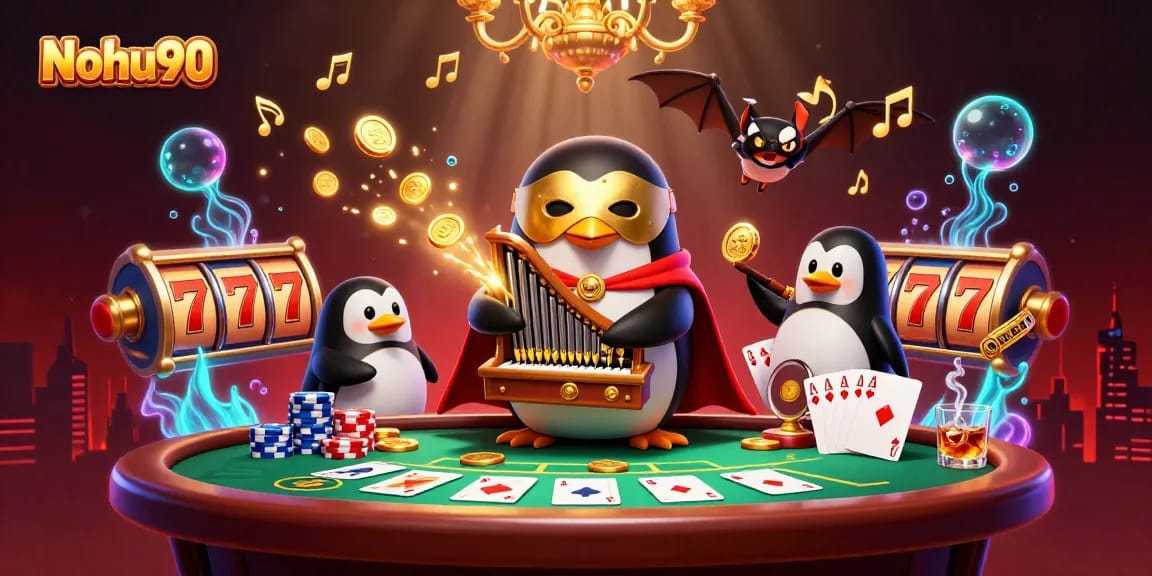 Nohu90 captivates players with a vibrant casino scene featuring a whimsical penguin and glittering coins.