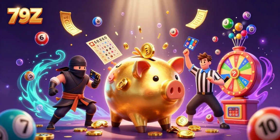 Experience the excitement of 79Z with a dynamic 3D illustration of a golden piggy bank wrestler amidst colorful gambling elements.