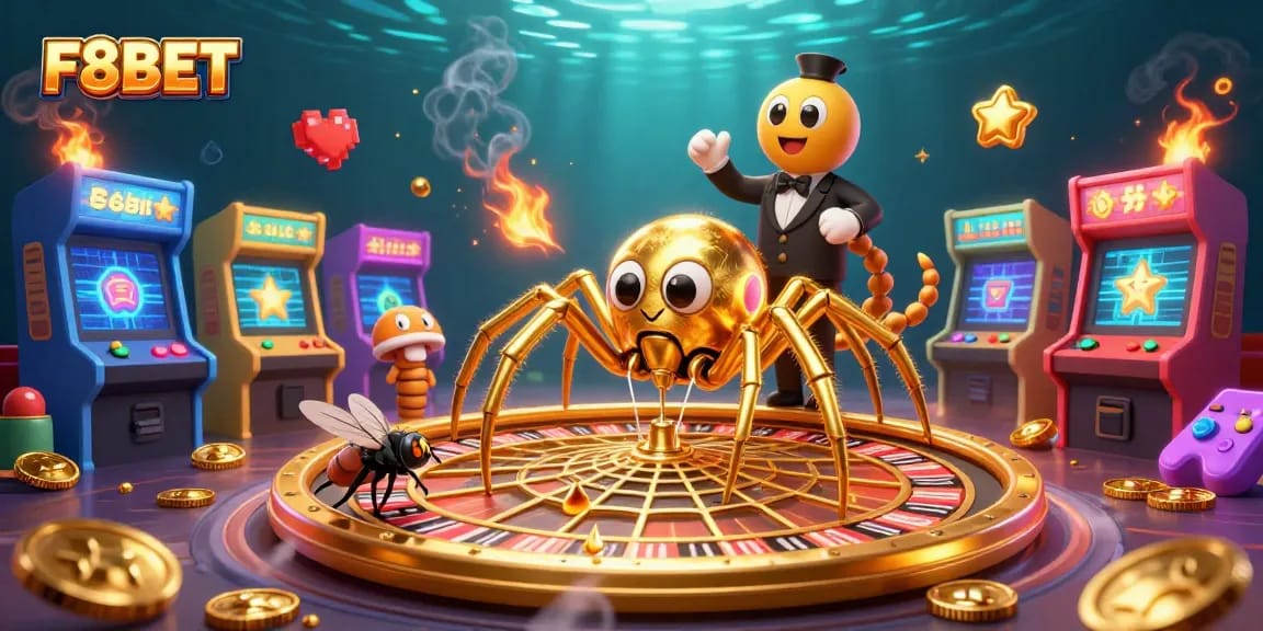 Engage with F8BET as the golden spider spins a roulette web in a vibrant casino scene.