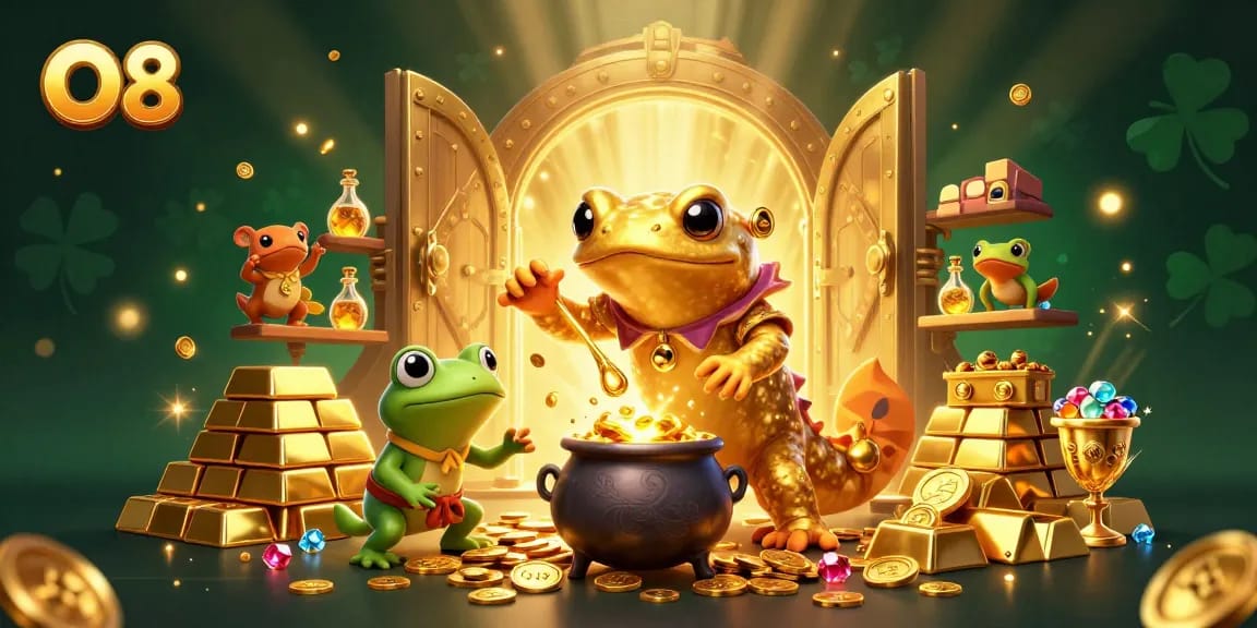 O8 reveals golden treasure in a magical 3D casino with enchanting alchemists at work.