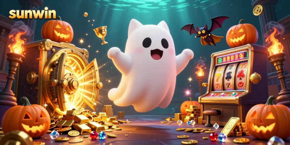 Engage with the enchanting sunwin scene showcasing a ghost cat and vampire bat in a haunted casino ambiance.