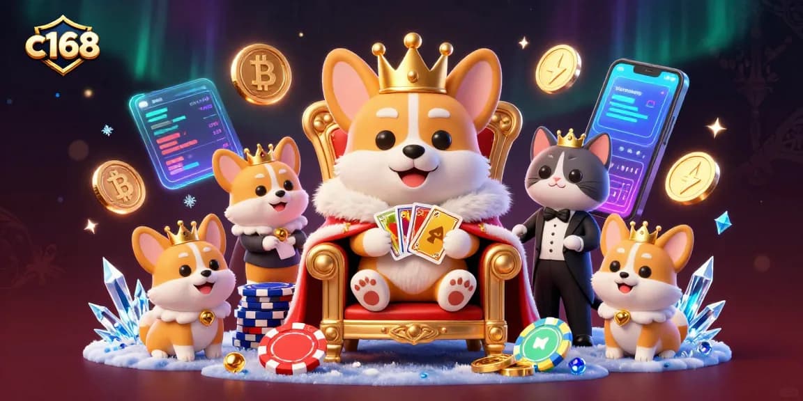 Engage with c168's exciting casino scene featuring a royal corgi on a poker chip throne.