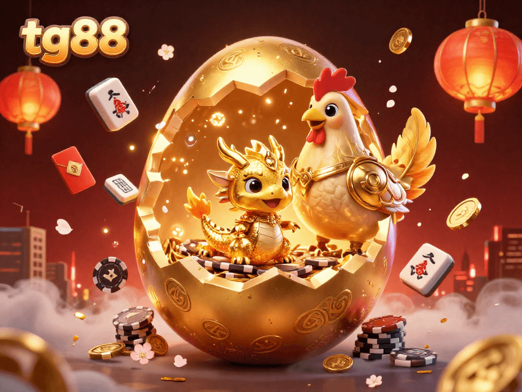 Experience thrilling wins at tg88 with a golden dragon guarding poker chips amid vibrant casino elements.
