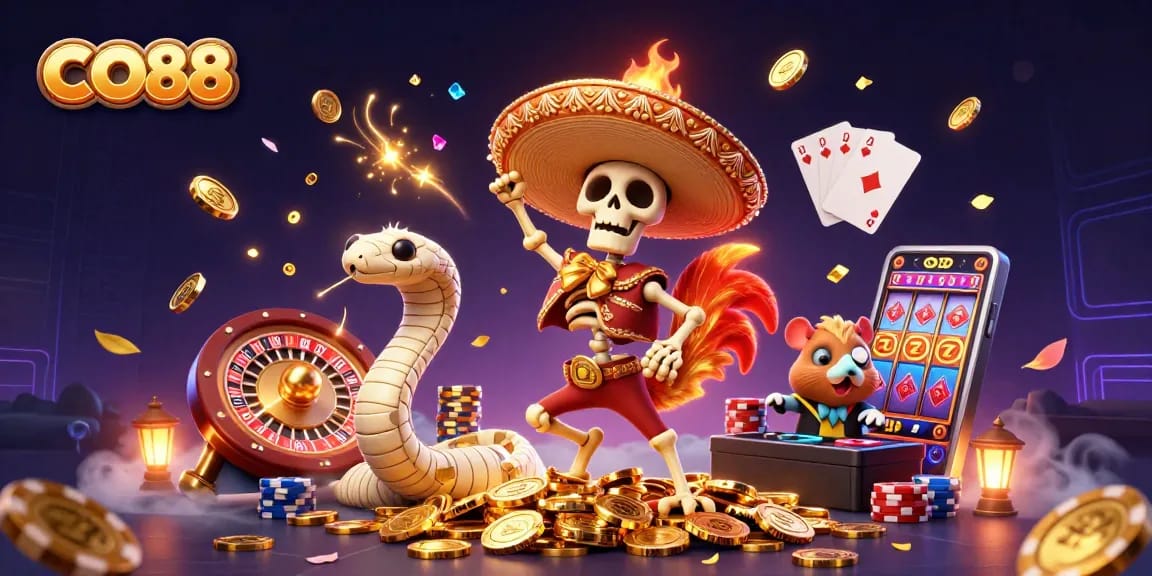 Experience an exciting CO88 gaming atmosphere with vibrant characters celebrating big wins amidst casino riches.