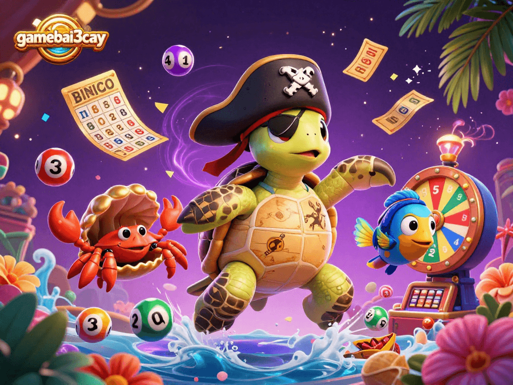 Join the excitement of gamebai3cay in this vibrant illustrative casino scene with colorful lottery elements.