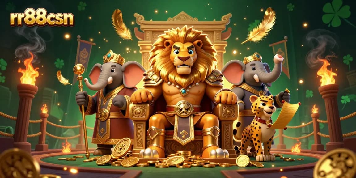 Engage in thrilling bets at rr88csn with a vibrant casino scene showcasing a lion king and dynamic characters.