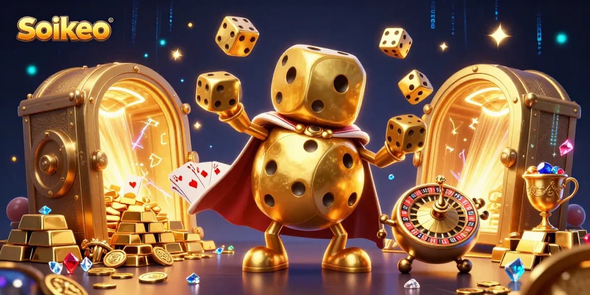 Experience excitement with soikeo in this vibrant 3D illustration of a golden dice golem juggling dice in a casino.