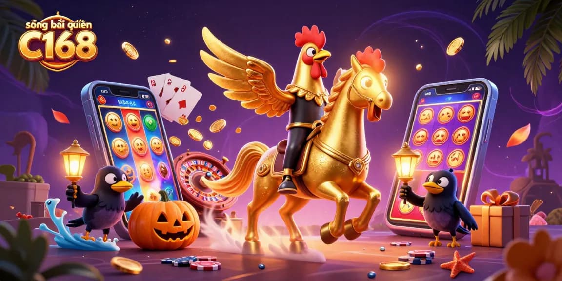 Experience the excitement of sòng bài trực tuyến C168 with golden rooster characters amidst vibrant casino elements, showcasing dynamic gaming action.