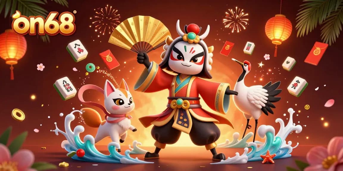 Experience engaging gaming moments at on68 with vibrant 3D illustrations celebrating traditional themes and lucky symbols.