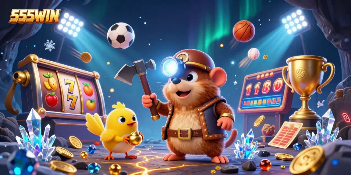 Engaging 3D scene showcasing 555WIN with a treasure hunter mole and golden game elements in action.