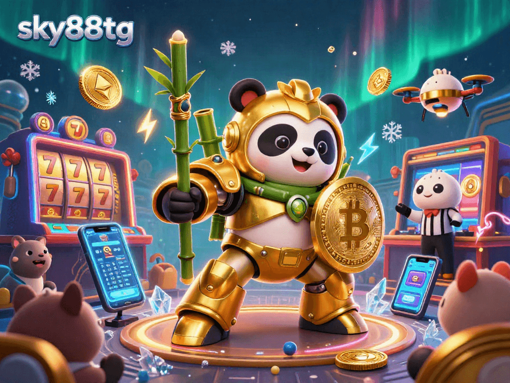 Join the excitement at sky88tg with a dynamic 3D casino scene featuring a mech-panda and vibrant gaming elements.