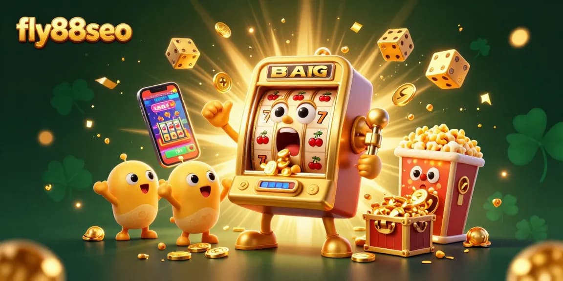 Experience fly88seo's golden slot machine hitting the jackpot with coins, surrounded by cheering baby slots.