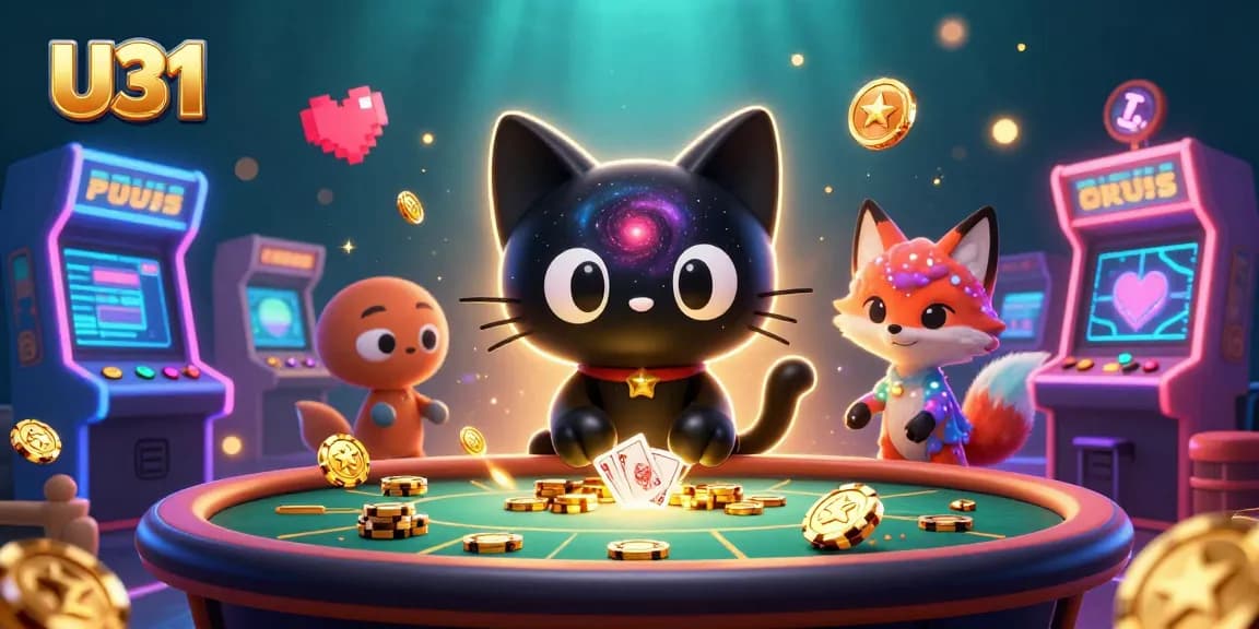 U31 casino illustration: A whimsical space-themed scene showcasing a black hole cat and colorful fox pulling in gaming chips.