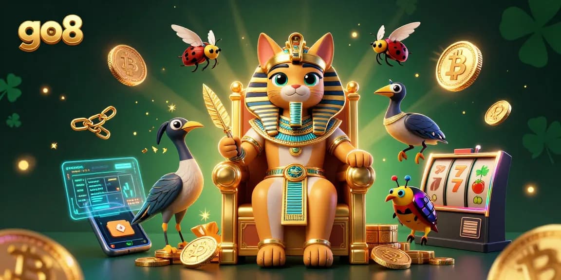 Go8 pharaoh cat and ibis scribe spin the slot reels, showcasing vibrant fruit symbols and glowing crypto coins.