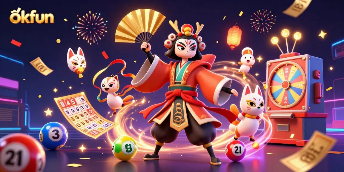 Experience exciting gameplay with okfun as colorful lottery balls and vibrant prizes surround mystical characters.