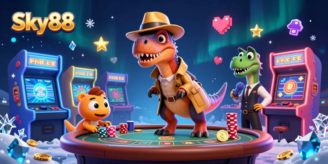 Experience excitement at Sky88 with engaging casino themed 3D elements featuring interactive games.