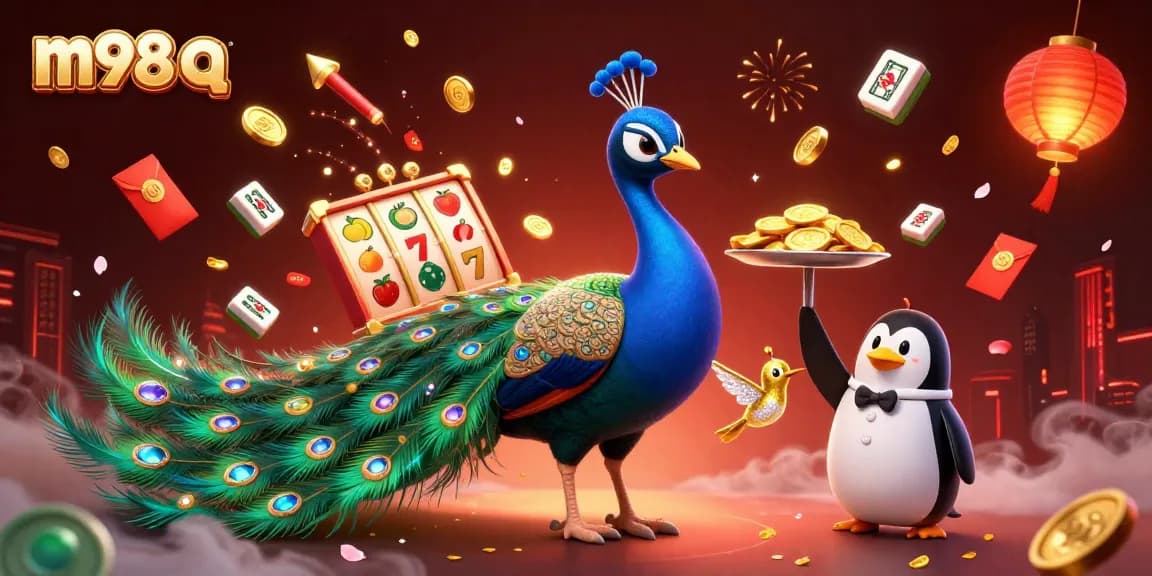 M98 q in a vibrant casino scene with a peacock, penguin, and hummingbird amid slot reels and gold coins.
