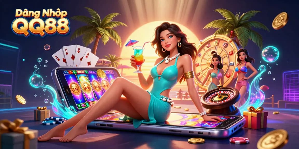 Engage in exciting games at Đăng Nhập QQ88 with a vibrant casino scene featuring a glamorous cocktail and dynamic slot elements.