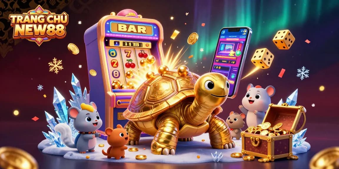 Experience TRANG CHỦ NEW88's vibrant casino atmosphere with a golden tortoise pinball machine scene.