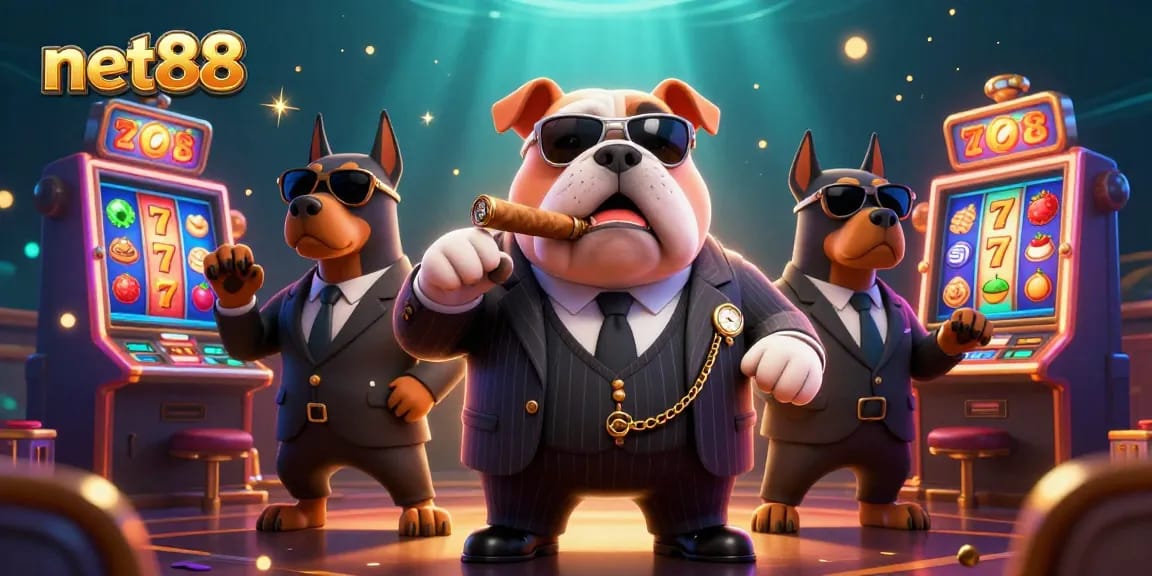 net88 illuminates the casino scene with a mafia bulldog and bodyguards, surrounded by slot machines and jackpot symbols