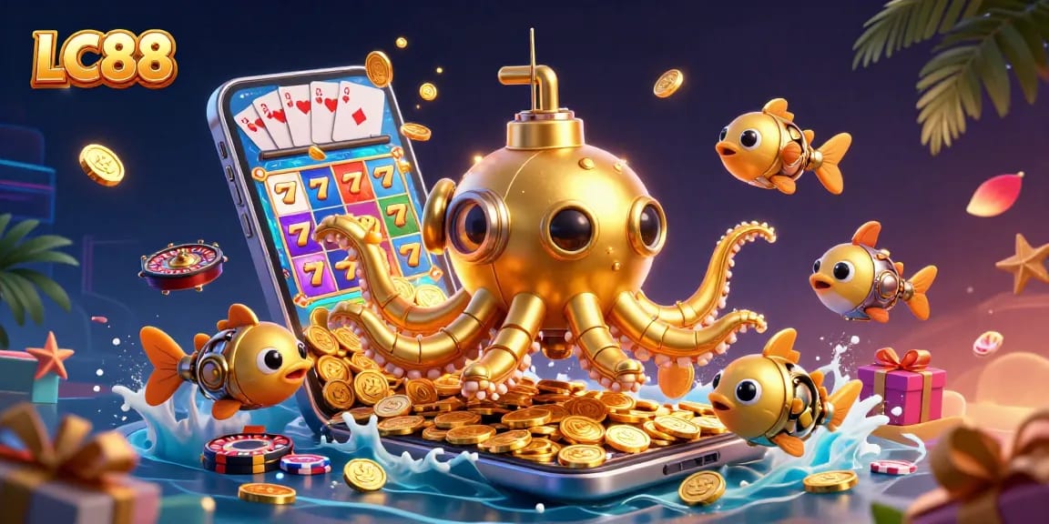 LC88 features an exciting casino scene with a kraken submarine amid golden coins, vibrant slot games, and rich gambling elements.