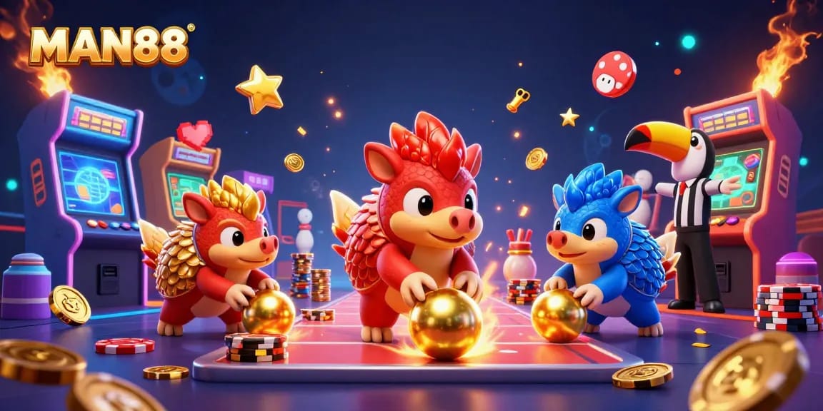 MAN88 pangolins compete in a vibrant casino scene filled with golden chips and arcade games.