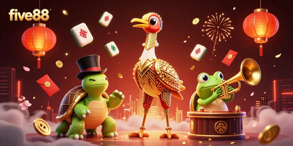 Engage in thrilling 5-star gaming with five88's vibrant 3D casino illustration showcasing lively characters.