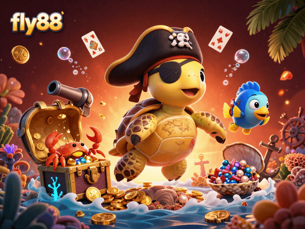 Experience the thrill of fly88, featuring a pirate turtle and treasures in a dynamic underwater casino scene.