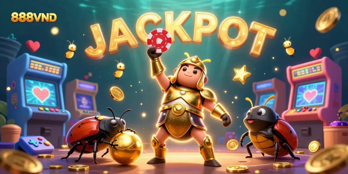 888VND's Hercules beetle celebrates a jackpot victory with dynamic casino-themed elements.