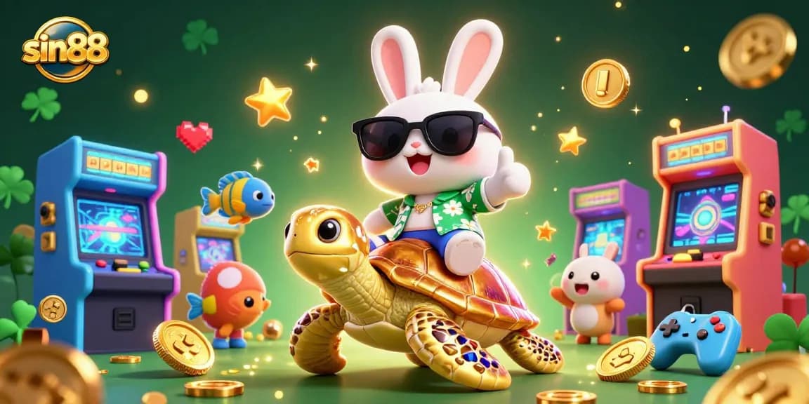 Win big with sin88 as the lucky rabbit celebrates atop a golden turtle!