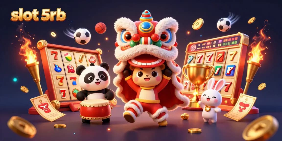 Engage with dynamic slot 5rb action featuring lion dance, gaming elements, and vibrant animations.