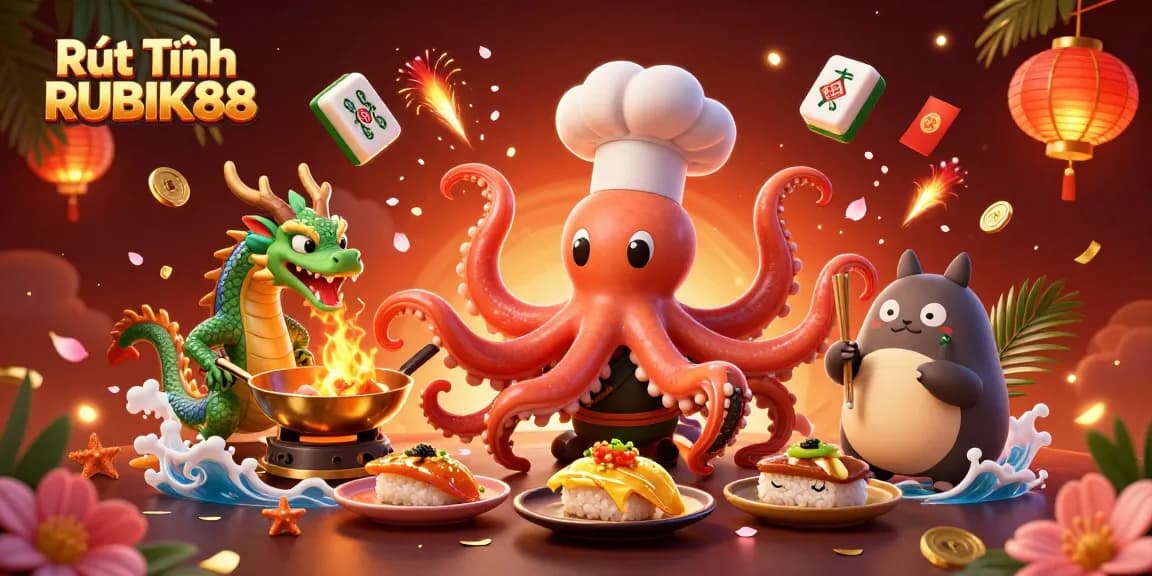 Engage with Rút Tiền RUBIK88 through vibrant online gaming action featuring a playful octopus chef and a dragon.