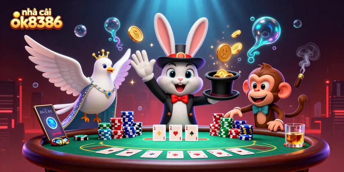 Experience the magic at nhà cái ok8386 as the rabbit conjures golden coins and poker chips fly!