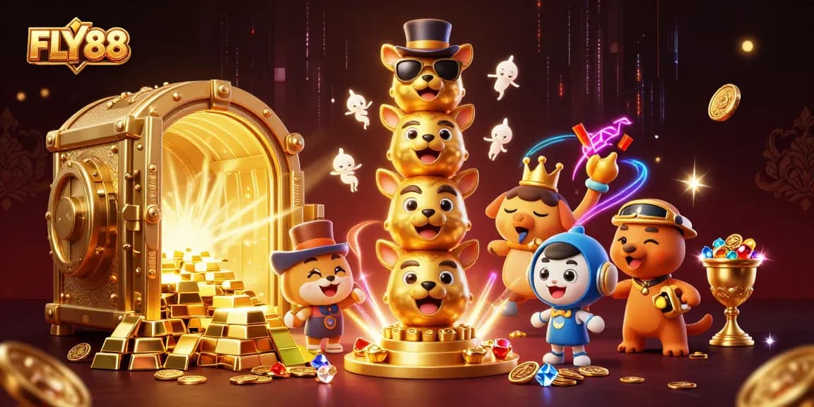 Experience the excitement of FLY88 with a dazzling display of casino treasures, dynamic characters, and vibrant colors.