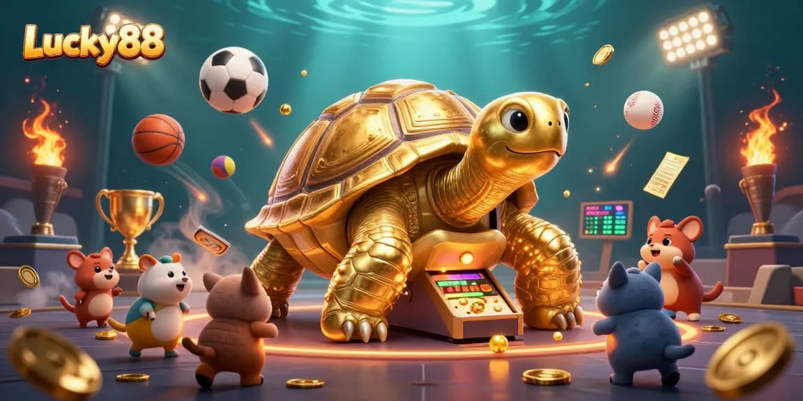Experience thrilling gameplay at Lucky88 with a festive atmosphere filled with sports elements and golden rewards.
