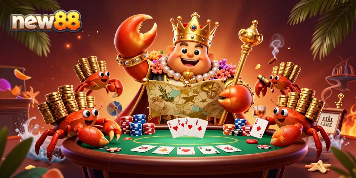 Experience thrilling gameplay at new88 with a vibrant 3D casino illustration featuring a golden crab emperor.