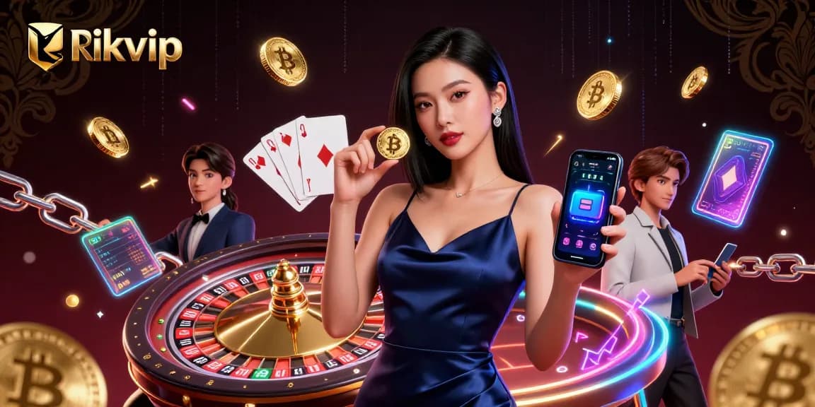 Play casino games and win rewards with Rikvip, showcasing modern gaming elements and vibrant graphics.