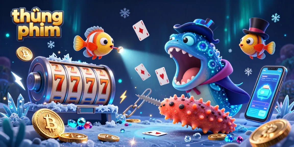 Engaging thúng phim scene with a bioluminescent deep-sea gulper eel performing card tricks amidst vivid casino elements.
