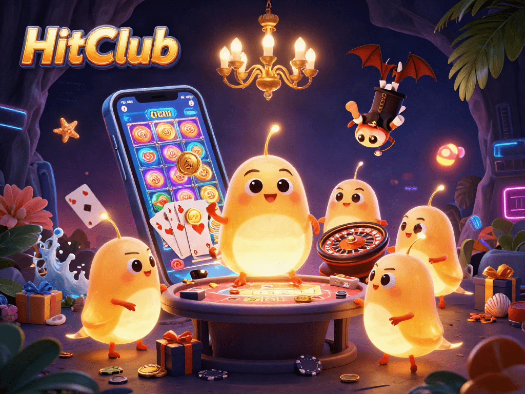 Join the HitClub excitement with vibrant casino glowworms lighting a playful gaming scene.