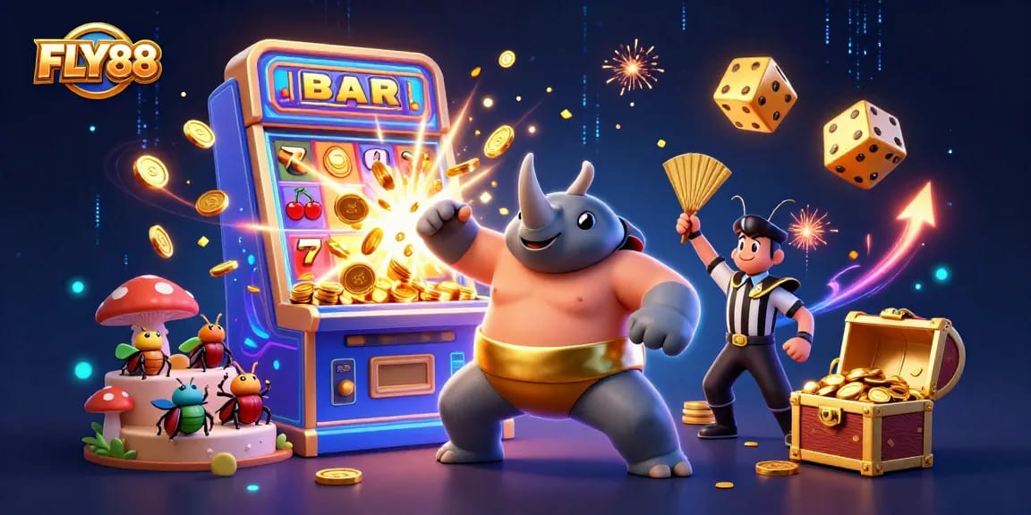 FLY88 ignites excitement with a dynamic casino scene showcasing vibrant characters and elements.