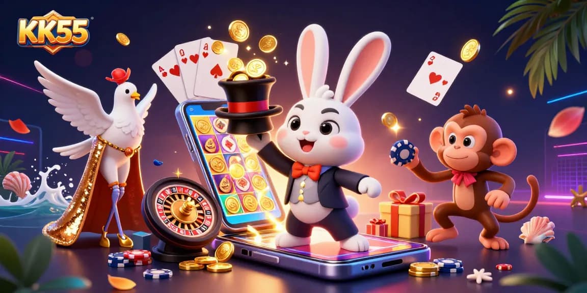 Experience the thrill at KK55 with a magician rabbit, coins, and slots in vibrant action.