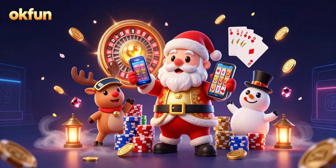 Engage in thrilling jackpots at okfun through this festive casino scene featuring Santa and friends.