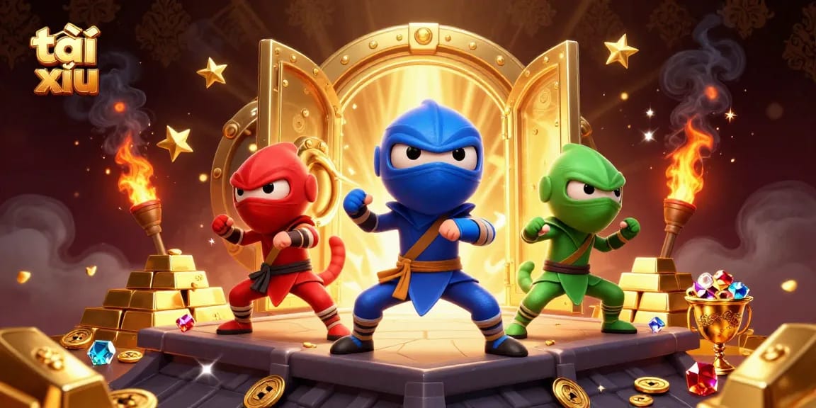 Experience thrilling tài xỉu action with 3D chameleon ninjas surrounded by golden treasures.