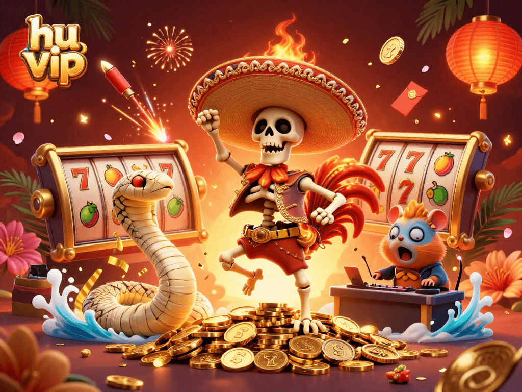 Play slots and win prizes at hu vip with a festive 3D illustration of characters celebrating
